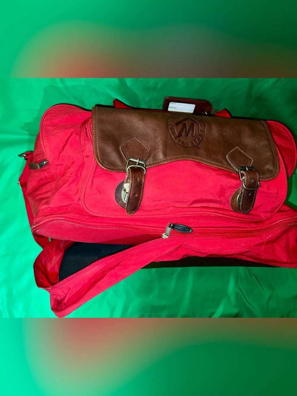 Marlboro Red Duffel Bag with Brown Leather Trim